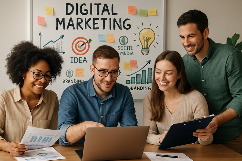 Digital marketing team collaborating on a new campaign for a small business